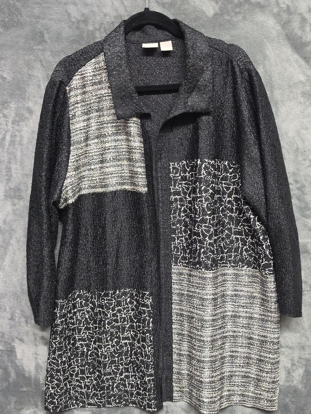 Chico's Black & Gray Crepe Patchwork Long Jacket Sz 3(16/18)